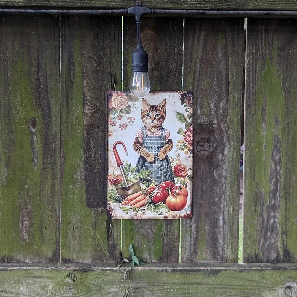 Female cat gardening, vegetable harvest white background metal tin garden sign